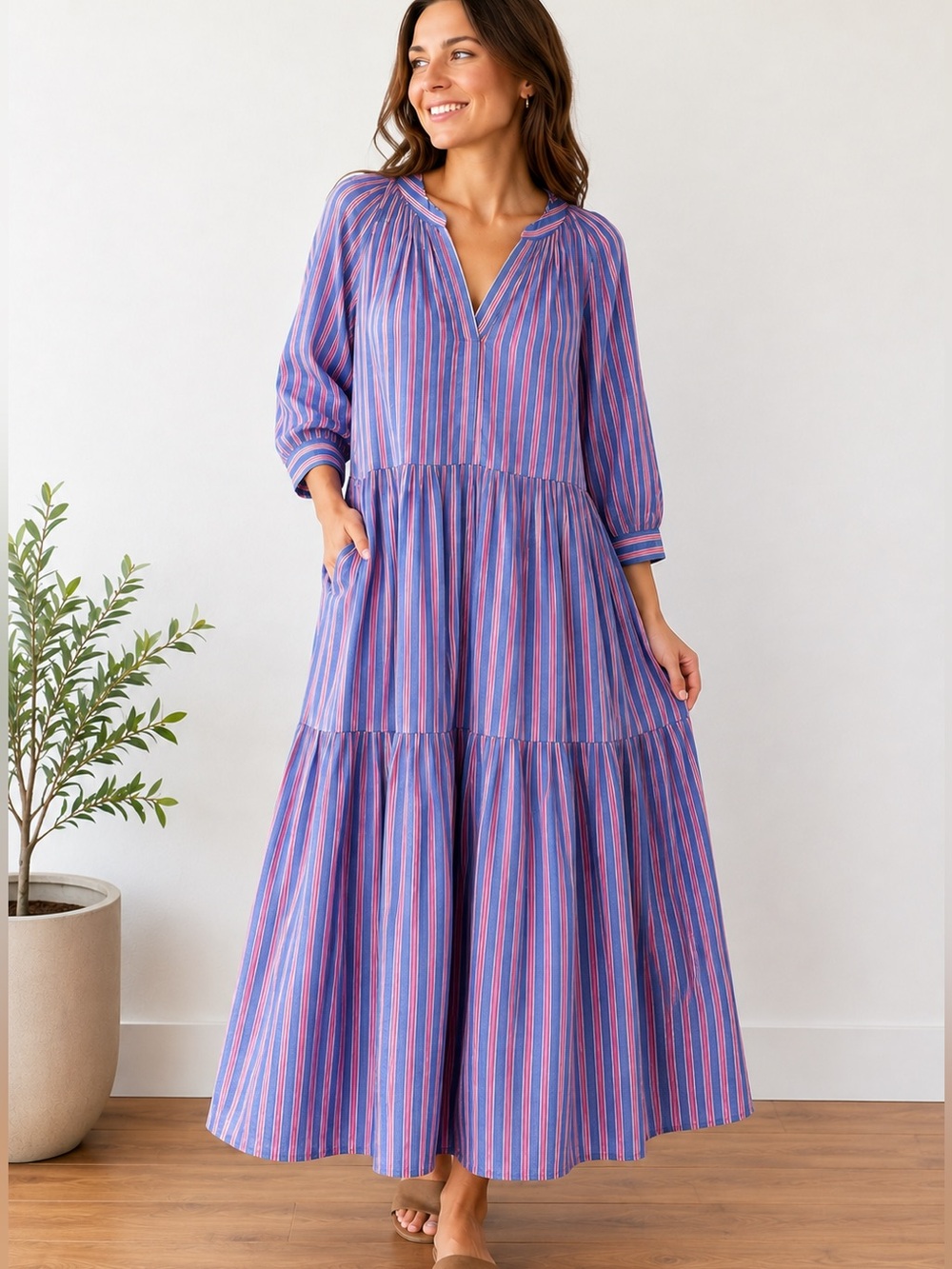 Félicité Blue & Pink Striped Tiered MaxiDress